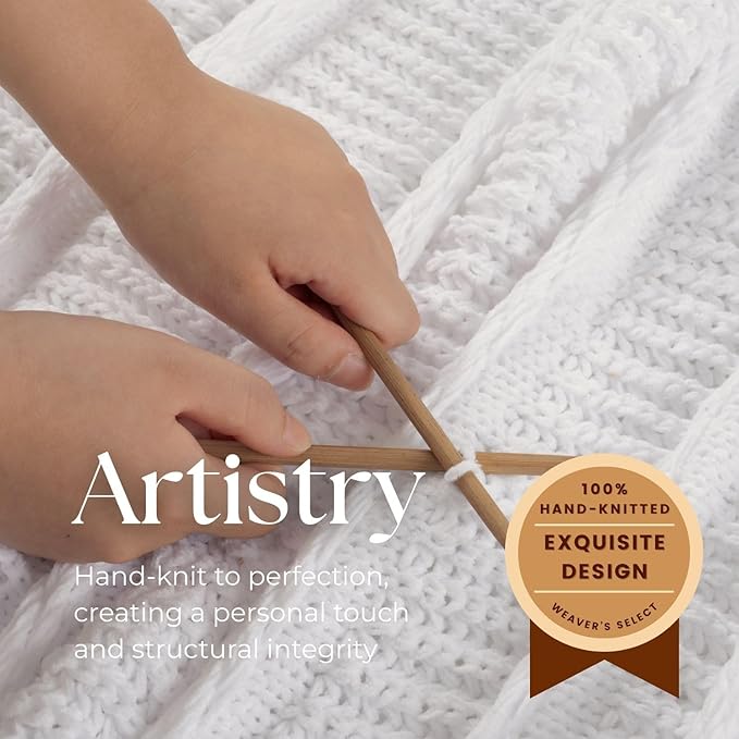 Boho Knitted Chenille Blanket with Tassels - Lightweight & Soft All-Season Throw - 3D Classic Pattern for Living Room Bedroom Couch, Cloud White, Queen 90"x90"