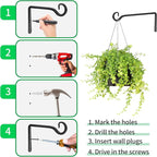 Metal Hanging Plant Hooks, 2 Pack 10 Inch Wall Hooks for Hanging Plants, Bird Feeder, Flower Basket, Wind Chimes, Indoor Outdoor (Black)