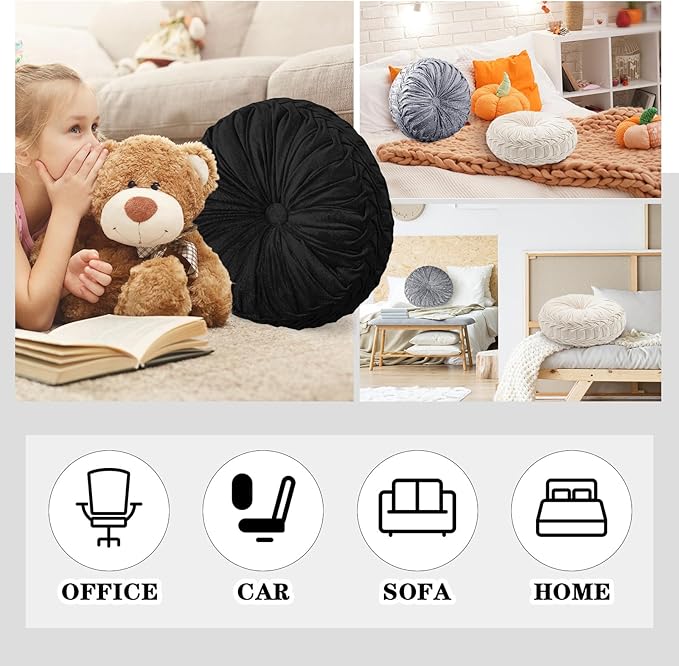 Round Throw Pillows Decorative Pleated Throw Pillows 15'' Diameter Accent Pumpkin Boho Chair Cushion for Couch Sofa Home Decoration(Black, White, Gray,3 Pcs)