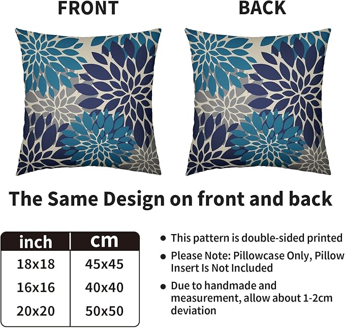 Navy Blue Pillow Covers 18X18 Set of 2, Grey Gray Dahlia Floral Summer Outdoor Decorative Throw Pillow Covers Modern Geometry Art Farmhouse Cushion Case for Couch Sofa Bed Decor