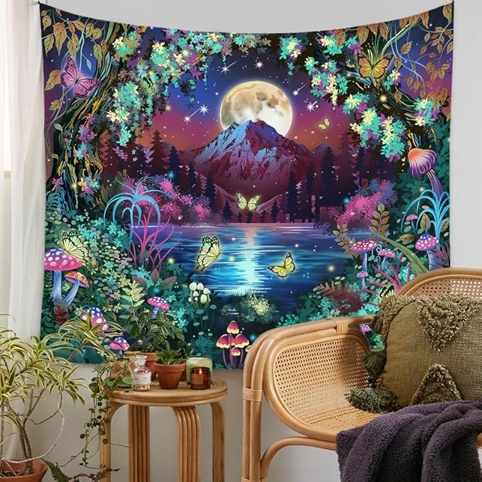 Blacklight Fantasy Forest Tapestry Moon Mountain Lake UV Reactive Tapestry Glow in the Dark Mushroom Tapestries Wall Hanging Galaxy Space Blacklight Tapestries for Bedroom Living Room Decor 51”x59”