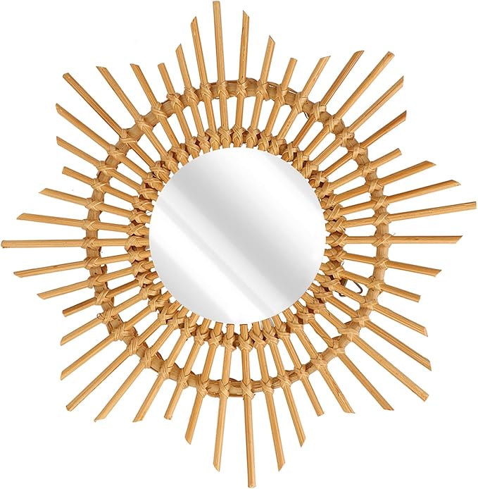 Tissting Natural Rattan Hanging Mirror,13.8 x 4.7in Boho Wall Mounted Mirror Star Shape Bohemian Hanging Glass Makeup Mirror Rustic Art Decoration Handwoven Mirror for Bedroom Living Room Hallway