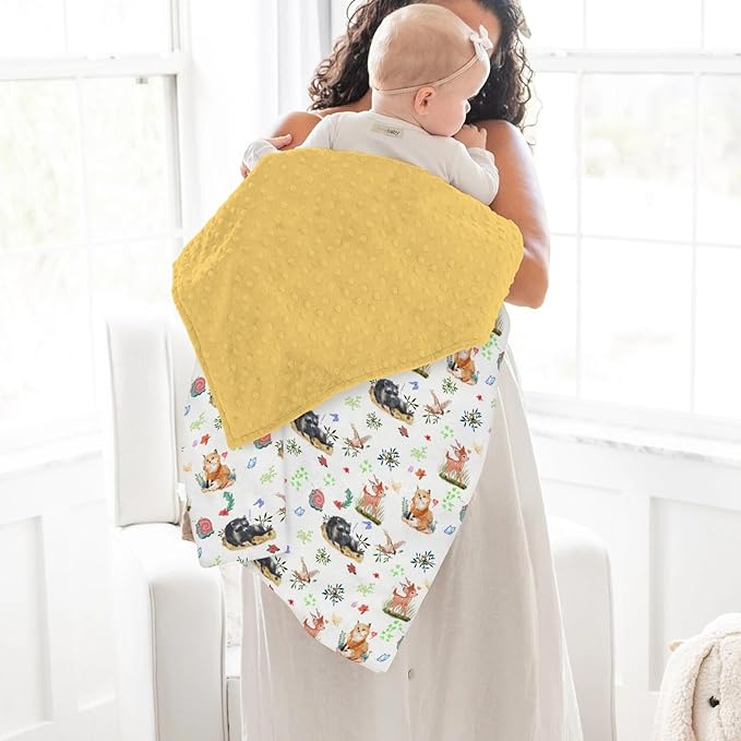Spring Animals Baby Blankets for Girl Boy Raccoon Fox Deer Bird Snails Floral Leaves Soft Mink Dotted Backing Double Layer Swaddle Blanket for Toddler Nursery Forest Animal Bed Blanket 30x40