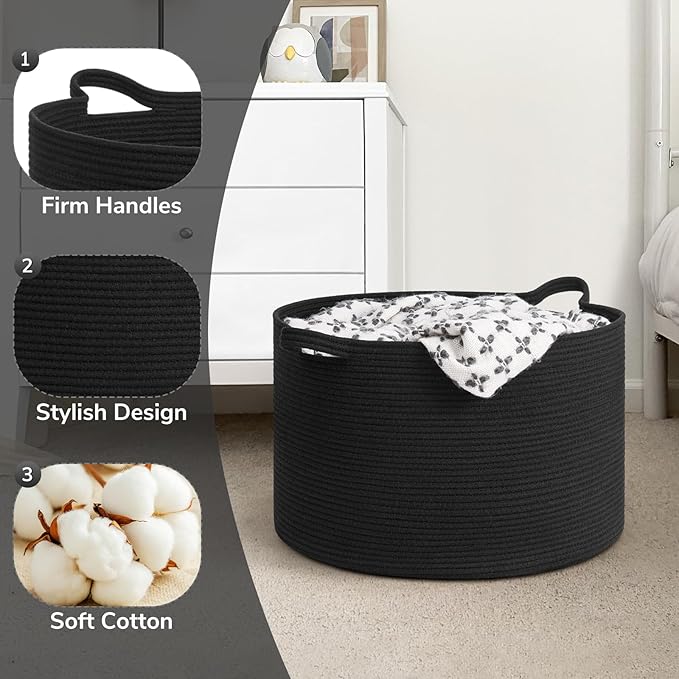 Goodpick Blanket Basket 19.7'' x 12.6'', Woven Storage Baskets, Cotton Rope Toy Storage for Kids, Home Decor for Living Room, 65L Black