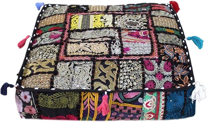 Mam Treasures Indian Bohemian Decorative Pillow Vintage Cushion Cover Patchwork Square Floor Pillow Cover Meditation Cushion Large Floor Pillow Indian Cushion (Black, 22 X 22 X 5 Inch)
