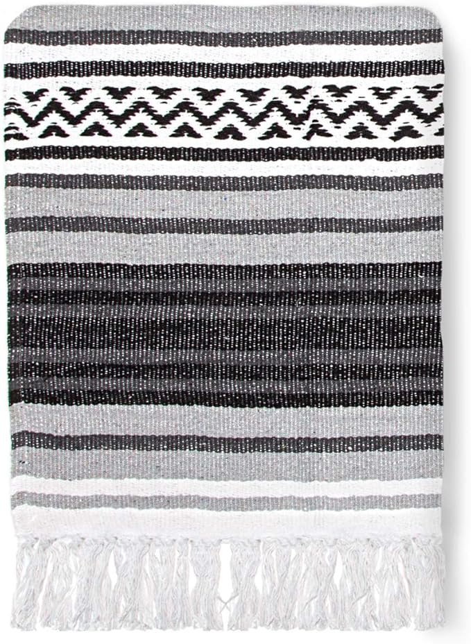 Americanflat 50x70 Authentic Mexican Throw Blanket - Falsa Blanket - Soft Cotton Throw Blankets for Indoor or Outdoor - Use for Yoga, Meditation, or Beach - Grey Stripes