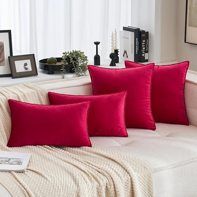 MIULEE Red Velvet Throw Pillow Covers 18x18 Soft Decorative Solid Square Cushion Cases Pack of 2 Modern Luxury Home Decor for Couch, Sofa, Bedroom