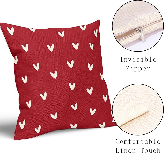 Kawani Valentines Day Pillow Covers 18X18 Inch Red White Hearts Valentine Decorative Square Pillow Cases Set of 2 Valentine's Day Wedding Anniversary Throw Pillows Home Decor for Sofa Bedroom Couch