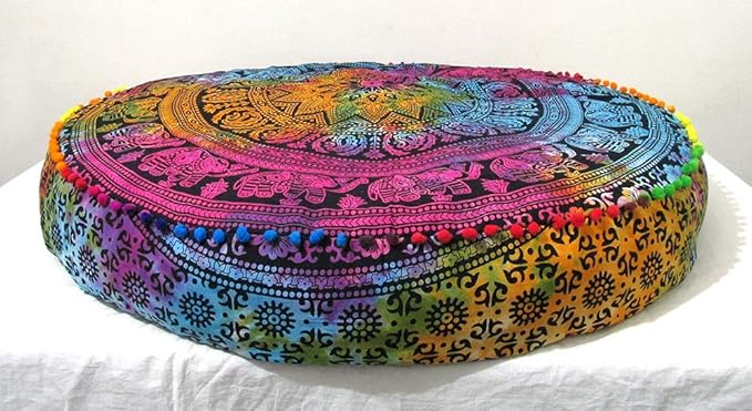 ICC Large Hippie Mandala Round Floor Pillow Cover Ottoman Pouf Cover Daybed Oversized Cotton Cushion Cover with Heavy Duty Zipper Seating Ottoman Poufs Dog-Pets Bed (Multi 4 flower, 35" Round)