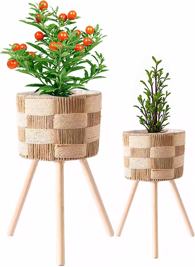 Boho Rattan Plant Stand Set of 2 – Handwoven Wicker Mid-Century Modern Floor Planter Stand for Indoor Plants, Large Farmhouse Decor, Sturdy Wood & Rope Design, Housewarming Gift