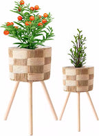 Boho Rattan Plant Stand Set of 2 – Handwoven Wicker Mid-Century Modern Floor Planter Stand for Indoor Plants, Large Farmhouse Decor, Sturdy Wood & Rope Design, Housewarming Gift