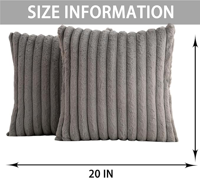 Pack of 2 Faux Fur Christmas Throw Pillow Covers 20x20 Inch, Soft Plush Striped Neutral Couch Pillow Cover, with Velvet Back Modern Home Decor for Sofa Living Room Couch Bed Dark Grey