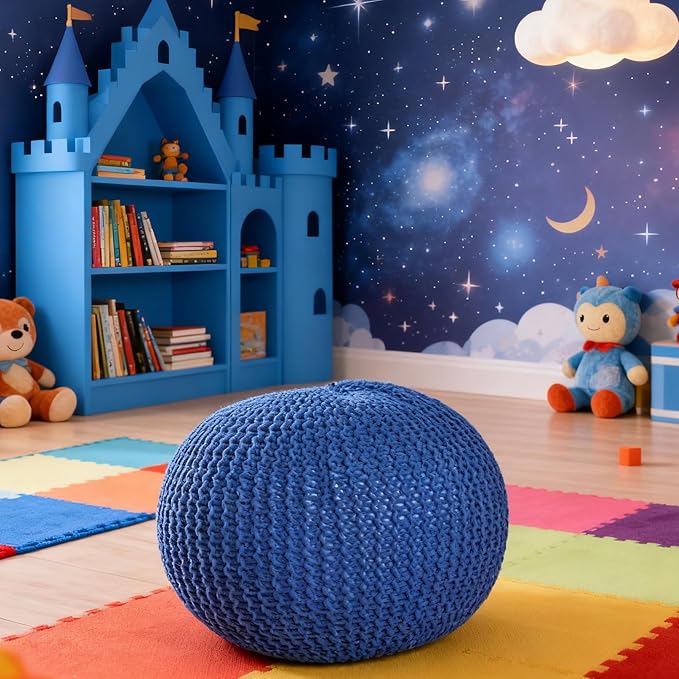 Round Pouf Ottoman, 18" Bordeaux Knitted Cotton Woven Round Pouf, Handmade Woven Bean Bag for Living Room, Floor Bag for Bedrooms, Home, Offices, Sofa Footrest (Navy)