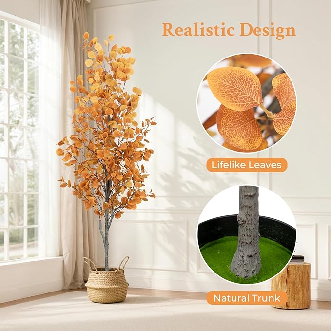 6FT Fall Artificial Eucalyptus Tree with Wicker Basket, Orange Potted Faux Eucalyptus Trees, Autumn Fake Eucalyptus Plants, Lifelike Leaves & Natural Trunk for Home Office Bedroom, Indoor