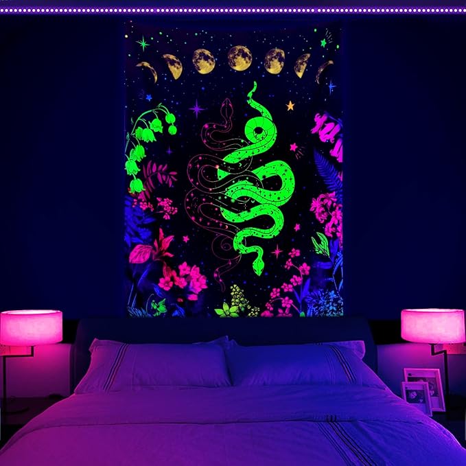 Blacklight Witchy Snake Tapestry UV Reactive, Cool Trippy Hippie Black Light Art Poster for Men Boys Room Bedroom, Glow in The Dark Blanket Party Decor