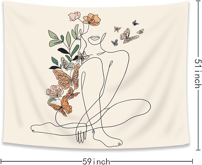 SVBright Abstract Woman Butterfly Fabric Wall Hanging Tapestry 59Wx51H Inch Mid Century Modern Minimalist Flower Plant Beige Terracotta Aesthetic Portrait Home Decor Art for Living Room Bedroom Dorm