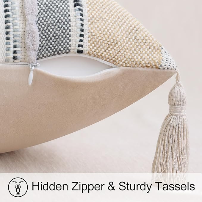 decorUhome Boho Decorative Throw Pillow Covers 18x18 Set of 2, Striped Chenille Tufted Pillow Covers with Tassels for Couch Bed Sofa, Cream White and Light Grey