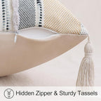 decorUhome Boho Decorative Throw Pillow Covers 18x18 Set of 2, Striped Chenille Tufted Pillow Covers with Tassels for Couch Bed Sofa, Cream White and Light Grey