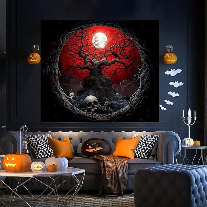 Atrippy Halloween Black Red Anime Tapestry, Gothic Dark Forest Moon Wall Hanging, Nature Skull Withered Tree Landscape Tapestries for Bedroom Living Room Men Dorm 60x 79 Inches