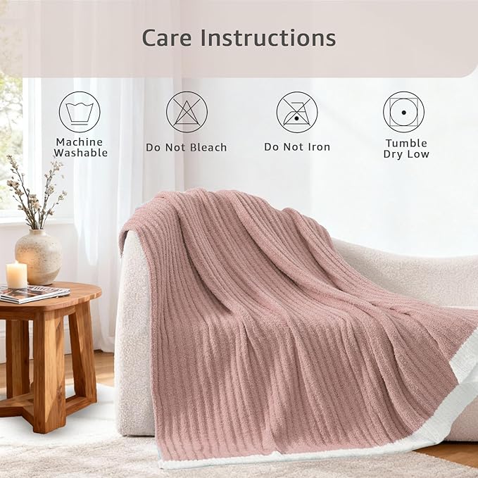 WRENSONGE Striped Throw Blanket, Pink Soft Cozy Fluffy Warm Hand Made Throw Blankets for Couch, Sofa, Chair, Bed, Camping, Picnic, Travel Lightweight Bed Blanket - 60"*80"