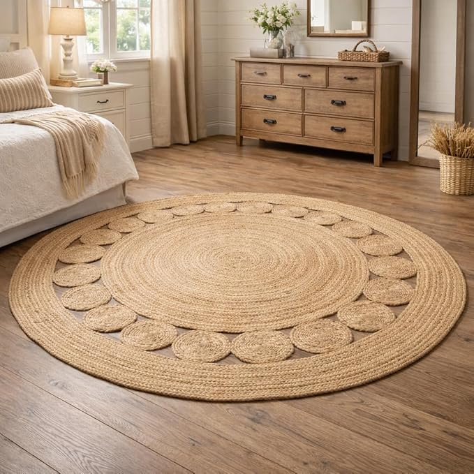 Savi Home Round Jute Area Rug Handwoven- 8 feet Round- Natural Beige - Rustic Vintage Beige Braided Reversible Rug- Eco Friendly Rugs for Farmhouse, Bedroom, Kitchen, Living Room