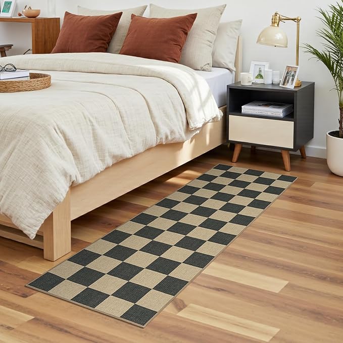 Lessymo Checkered Easy Jute 2x6 Rug, Kitchen Runner Rug Non Slip Washable Entryway Bathroom Rug, Farmhouse Black Indoor Outdoor Carpets for Bedroom Hallway Porch, Diamond Black/Beige