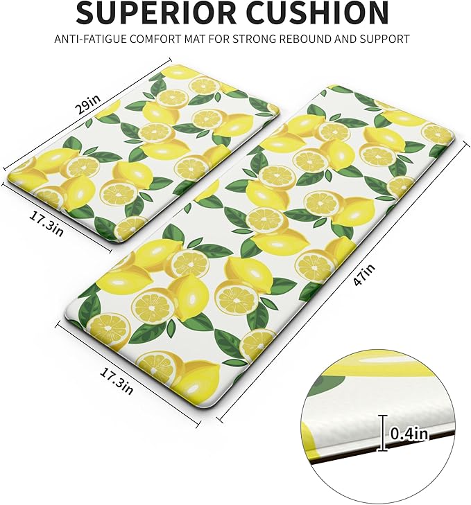 MAYHMYO Lemon Kitchen Mat Set of 2 - Anti Fatigue Mats for Kitchen Floor - Non Slip Cushioned Rugs for Standing - Lemon Decor (17.3"×29"+17.3"×47"-0.4") White