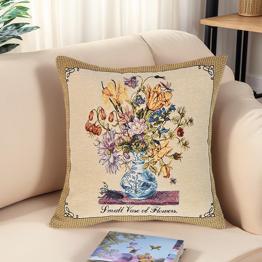 Jacquard Woven Floral Pillow Cover | Square Vintage Still Life Tapestry Cushion Case for Sofa Couch Bed Decor | European Artistic Home Accent Throw Pillow Sham 18x18(Multicolor Flowers in Blue Vase) - color: Multicolor Flowers in Blue Vase
