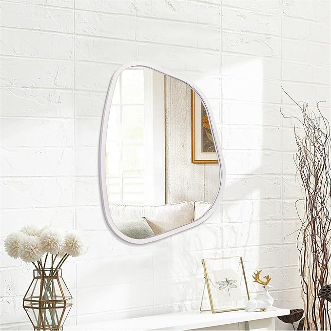 Irregular Wall Mirror Asymmetrical White Mirror Modern Wood Frame Unique Shape Wall Mounted Vanity Artistic Mirror Decor for Living Room Bedroom Bathroom Entryway Hallway Large 16"x12"