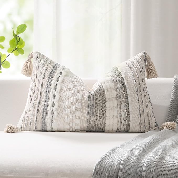 Kevin Textile Spring 12x24 Inch Lumbar Throw Pillow Cover 1 Pack Boho Decorative Soft Chenille Thread Woven Tufted Textured Rectangle Cushion Case Accent for Living Room Couch Sofa Bed, Grey