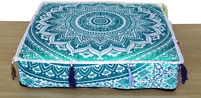 ICC Large Square Cotton Mandala Cushion Cover Hippie Ottoman Pouf Cover Daybed Floor Pillow Cover with Heavy Duty Zipper Seating Ottoman Poufs Dog-Pets Bed (Green Ombre, 18" Square)