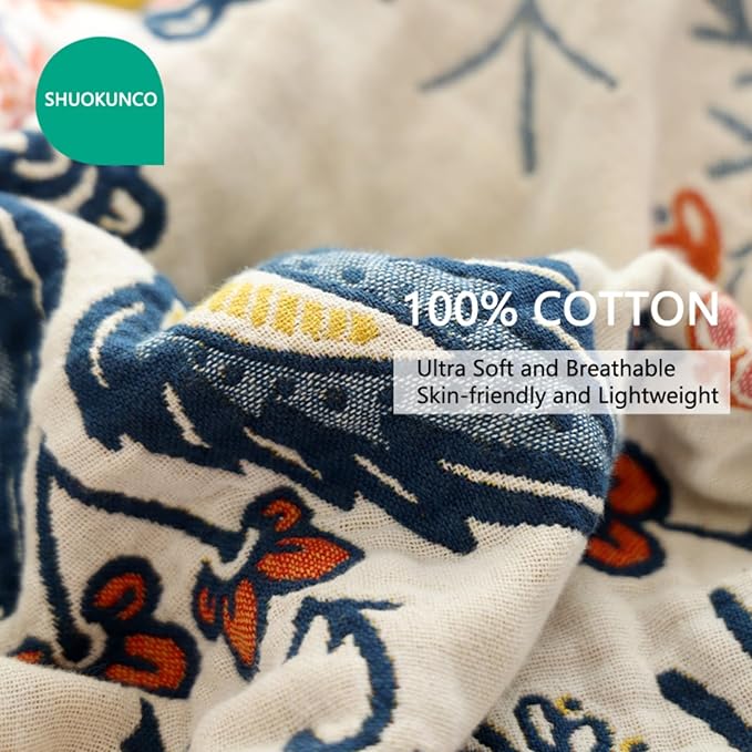 Boho Throw Blanket for Bed 100% Cotton Ultra Soft Rustic Quilt Fall Blanket Bird Floral Printed Farmhouse Decor Bed Blankets,80"×90" All Season Rustic Throw for Sofa Couch Chair
