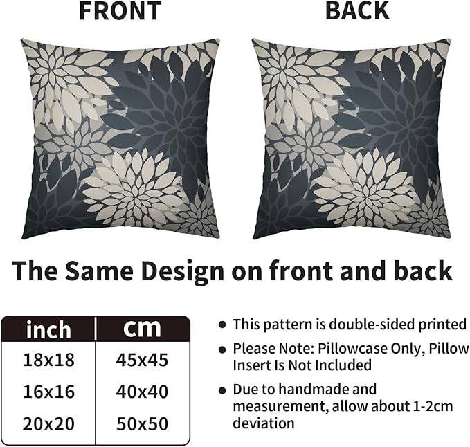Dusty Blue Cream Grey Gray Pillow Covers 20X20 Inch Set of 2, Modern Dahlia Floral Print Decorative Throw Pillow Covers Outdoor Farmhouse Cushion Case for Home Couch Sofa Bed Decoration