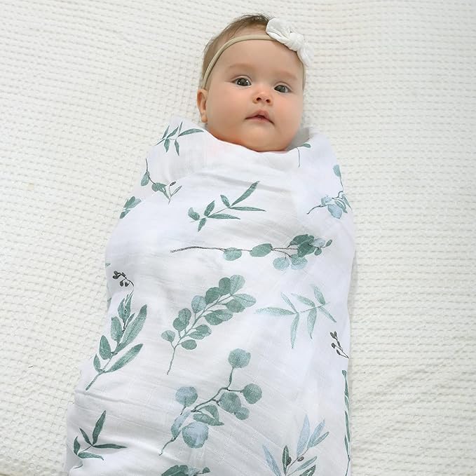 BabyWhale Muslin Swaddle Blanket with Hat and Headband Bow, Boho Green Eucalyptus Leaves Swaddle Set for Newborns, Breathable Receiving Blanket Wrap, Large 47x47 inches