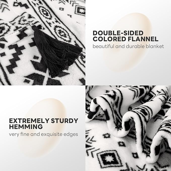 MACEVIA Flannel Boho Blanket for Couch, Country Western Aztec Printed Throw with Tassel, Soft Cozy Bohemian Blanket for Home Decor (Black and White, 50x60inches)