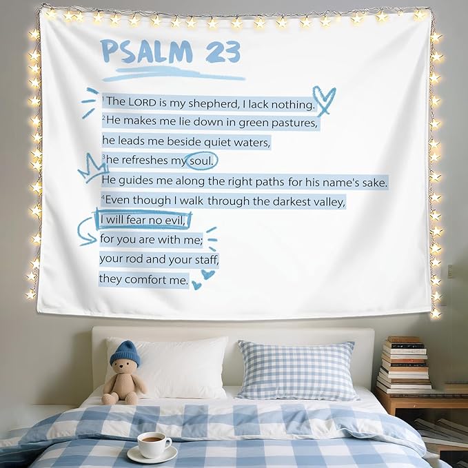 LIANGW Bible Verses Christian Tapestry, Inspirational Christian Tapestry for Women, Bible Blue Bow Aesthetic for Girls Bedroom or Dorm Room， Based Blue Room Decor Aesthetic 50x60 inches