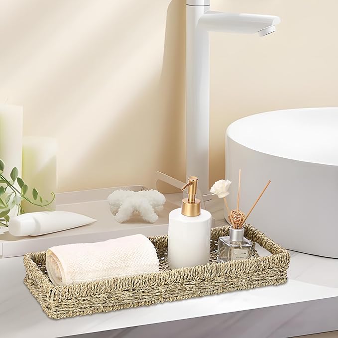 Bathroom Vanity Tray, Seagrass Long Narrow Counter Tray with Handles, Decorative Woven Organizer Trays for Toilet Tank, Shelves, Farmhouse Hand Towel Basket Holder for Storage, Natural (Large)