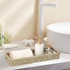 Bathroom Vanity Tray, Seagrass Long Narrow Counter Tray with Handles, Decorative Woven Organizer Trays for Toilet Tank, Shelves, Farmhouse Hand Towel Basket Holder for Storage, Natural (Large)