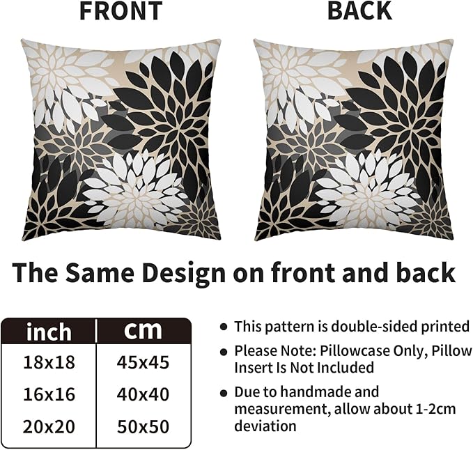 Black White Grey Gray Pillow Covers 24X24 Inch Set of 2, Modern Dahlia Floral Print Decorative Throw Pillow Covers Outdoor Farmhouse Cushion Case for Home Couch Sofa Bed Decoration