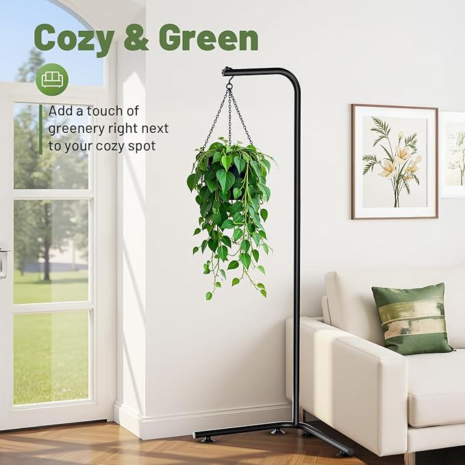 Hanging Plant Stand Indoor, Corner Plant Stands for Indoor Plants, Black Metal Hanging Plant Holder with Suction Base, Standing Plant Hanger for Living Room, Balcony, Garden, Bathroom