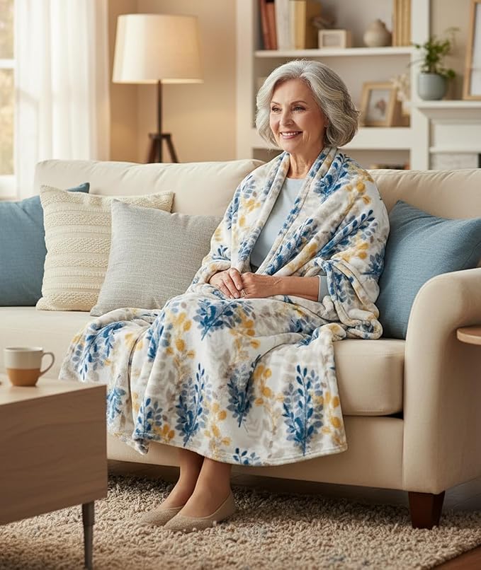 Floral Fleece Throw Blanket: Botanical Velvety Soft, Durable Accent for Bed or Couch Teal and Yellow Leaves, 50 x 70 inches
