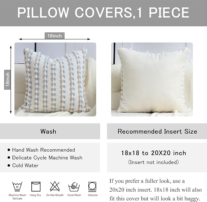 18x18 Boho Pillow Cover-Chenille Tufted Decorative Throw Pillow Cover Soft Velvet Backing, Farmhouse Square Accent Pillowcase for Sofa, Couch, Bedroom, Living Room, White-Grey, Brown Stripe
