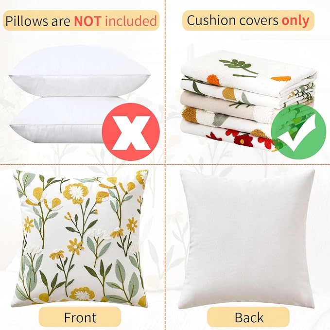 Embroidered Floral Throw Pillow Covers Flowers Decorative Couch Pillow Covers Farmhouse Green Floral Tufted Pillow Covers 18x18 Square Cushion Cases Set of 2 for Living Room Couch Sofa Bed Home Decor