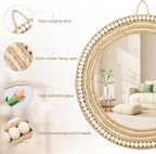 Boho Wall Mounted Mirror, Handmade Corn Beard and Hemp Rope Woven Wooden Beads Decorative Mirror, Round Mirror for Wall Decoration (Natural)