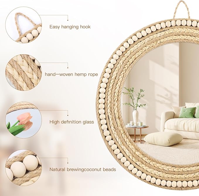 Boho Wall Mounted Mirror, Handmade Corn Beard and Hemp Rope Woven Wooden Beads Decorative Mirror, Round Mirror for Wall Decoration (Natural)