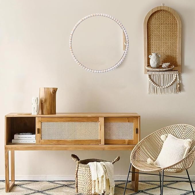 SWTHONY 15inch Small Round Boho Beaded Mirrors for Wall Decor, Cute Decorative Hanging Wooden Circle Nursery Mirror for Girl Room, Bedroom, Livingroom