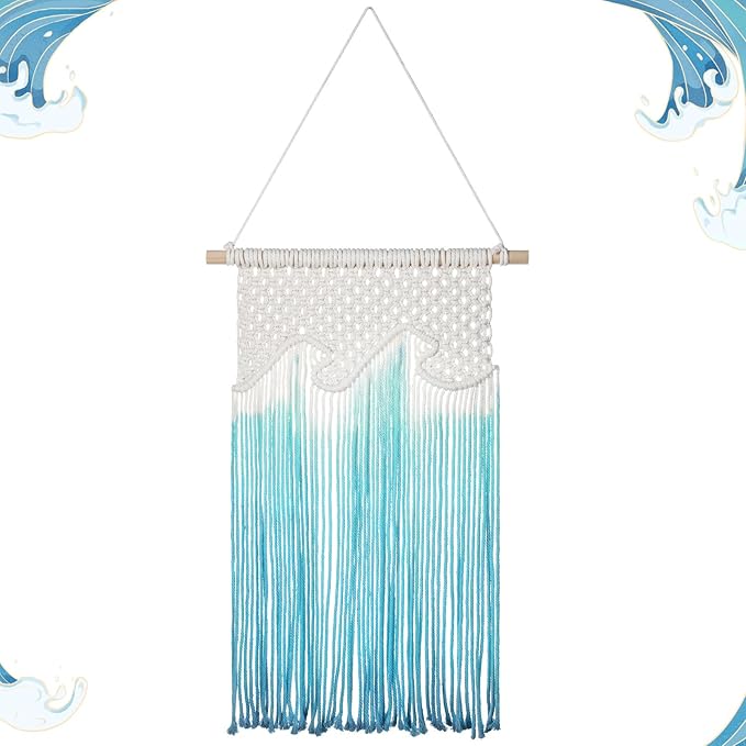 Bucherry Beach Wave Hanging Tassels Decor 14" x 20" Ocean Macrame Wall Hanging Coastal Tapestry Wall Art for Beach Themed Seafaring Living Room Bedroom Home Decoration
