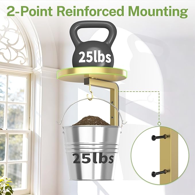 iDavosic.ly Wall Plant Holder Set of 2 for Indoor Outdoor, Metal Hanger with 2 Hooks, Floating Flower Display Stand for Window, Space Saving & Easy to Assemble (Pots/Chains/Plants Not Included), Gold