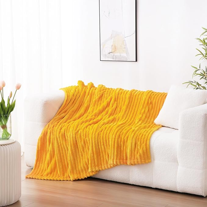 Gold Fleece Throw Blanket 50”×70” for Couch Sofa Bed,Super Soft Cozy Plush Microfiber Flannel Blanket with Stripes Design Lightweight for Adults,Woman,Girls