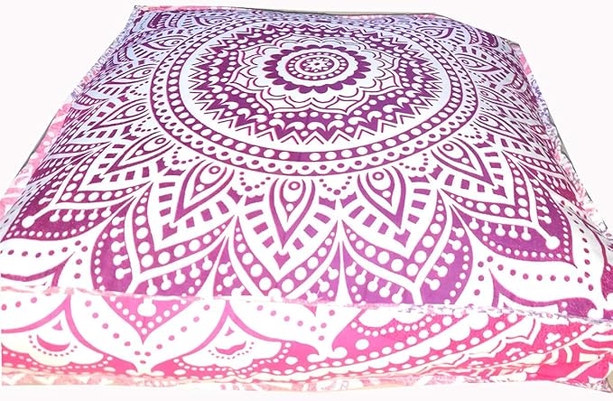 INDIAN CRAFT CASTLE 24" Pink Ombre Mandala Barmeri Large Floor Pillow Cover Cushion Meditation Seating Ottoman Throw Cover Hippie Decorative Zipped Bohemian Pouf Ottoman Pom Pom Cases 24" Square
